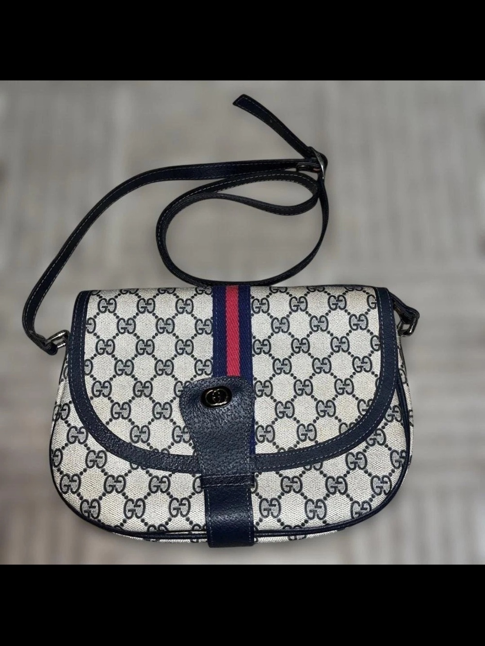 Gucci Blue and White GG Canvas Crossbody with Red-Blue Web